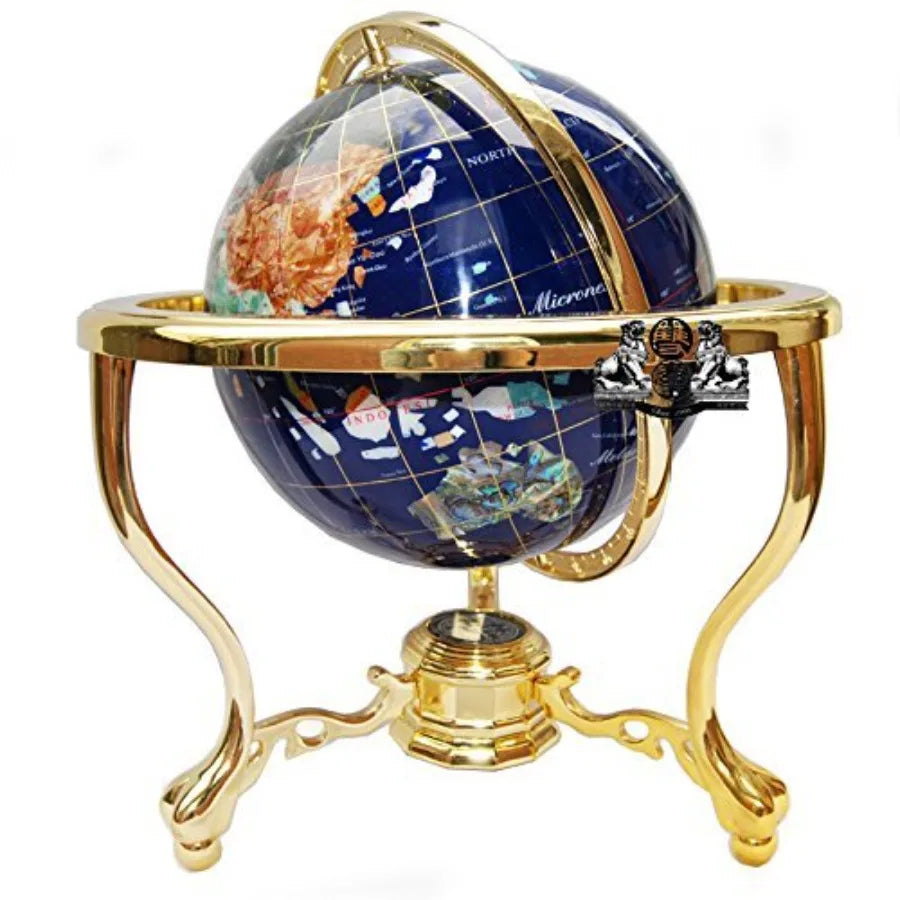 14 Tall Blue Lapis Ocean Gemstone Globe with Gold Tripod Stand for Home Office Decor Natural Stone Sphere with Metallic Base El