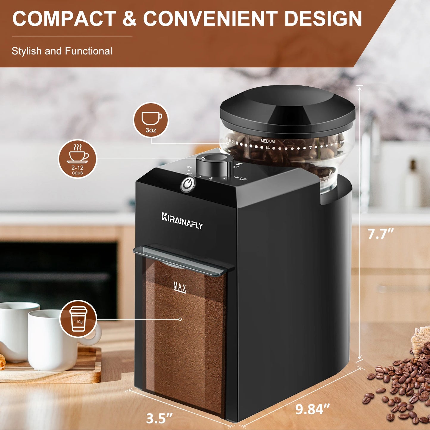 KIRAINAFLY Automatic Burr Mill Coffee Grinder With 28 Adjustable Gears