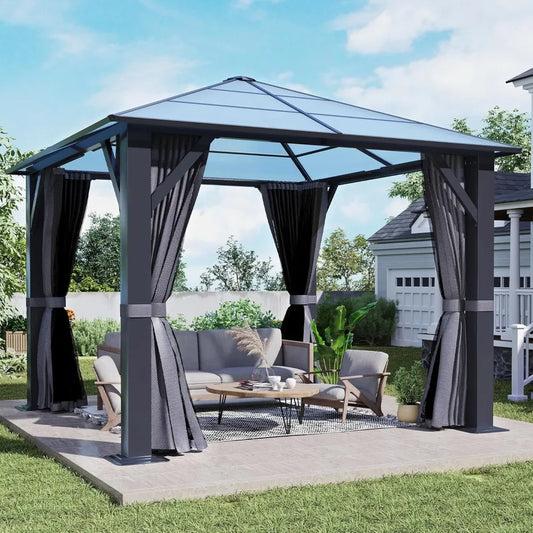 10'x10' Hardtop Gazebo, Outdoor Polycarbonate Roof Gazebo, Heavy Duty Metal Permanent Pavilion with Curtains & Netting