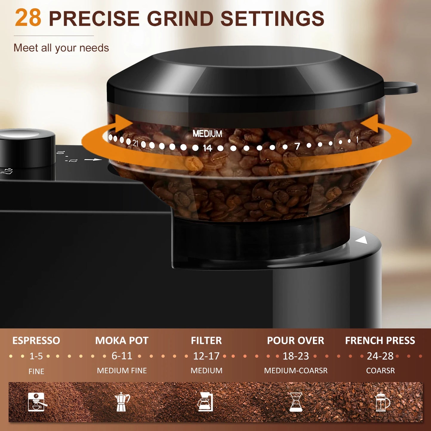 KIRAINAFLY Automatic Burr Mill Coffee Grinder With 28 Adjustable Gears
