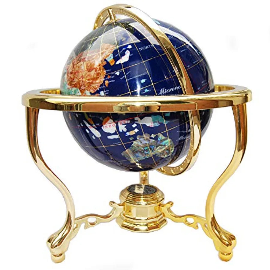 14 Tall Blue Lapis Ocean Gemstone Globe with Gold Tripod Stand for Home Office Decor Natural Stone Sphere with Metallic Base El