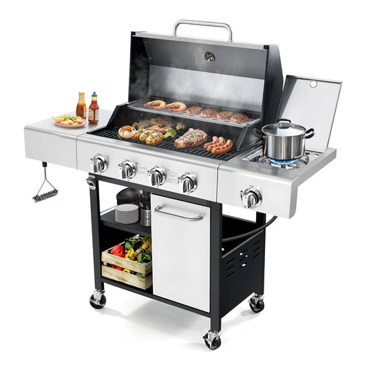 5-Burner Propane BBQ Grill with Side Burner, Each Main Burner 10,000 BTU, 50,000 BTU Total, Stainless Steel Outdoor, Customized