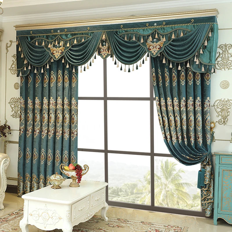 2pcs Drawing-room embroidered chenille curtains, without valance