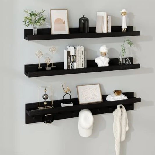 Floating Wooden Wall Shelves Nursery Floating Bookshelf for Room Wall Mount Book Shelves with Hooks for Livg Room Bedroom Bathr