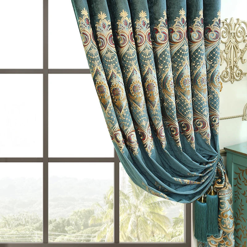 2pcs Drawing-room embroidered chenille curtains, without valance