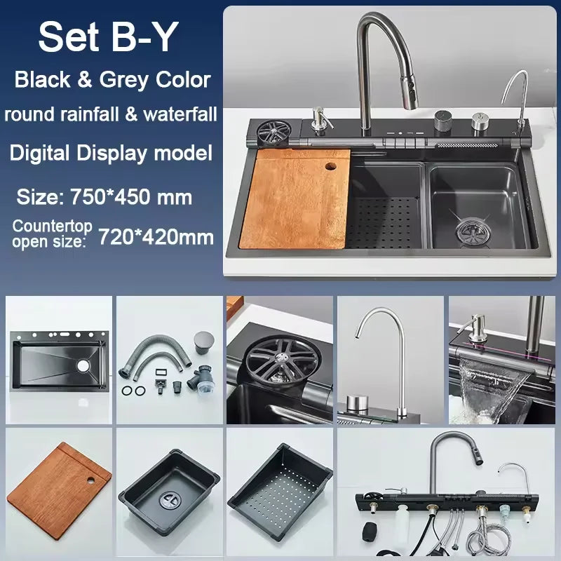 304 Stainless Steel Kitchen Sink with Digital Display Waterfall Faucet, Multifunctional 75*45cm Large Single Slot Whale Sink