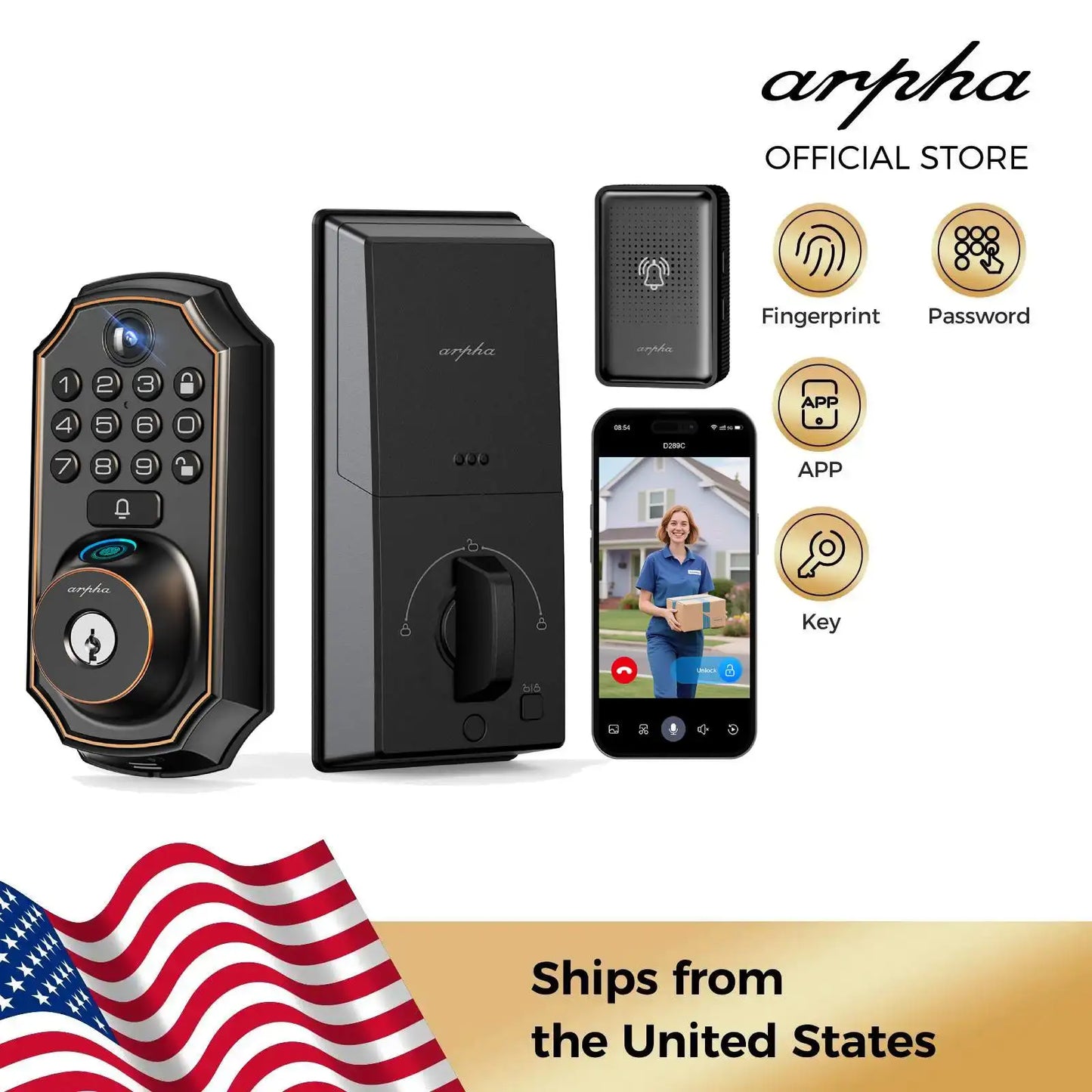 ARPHA Smart Lock D289L Set WiFi Video Smart Lock with Camera & Doorbell 5-in-1 Keyless Entry Fingerprint Door Lock Two-Way Audio
