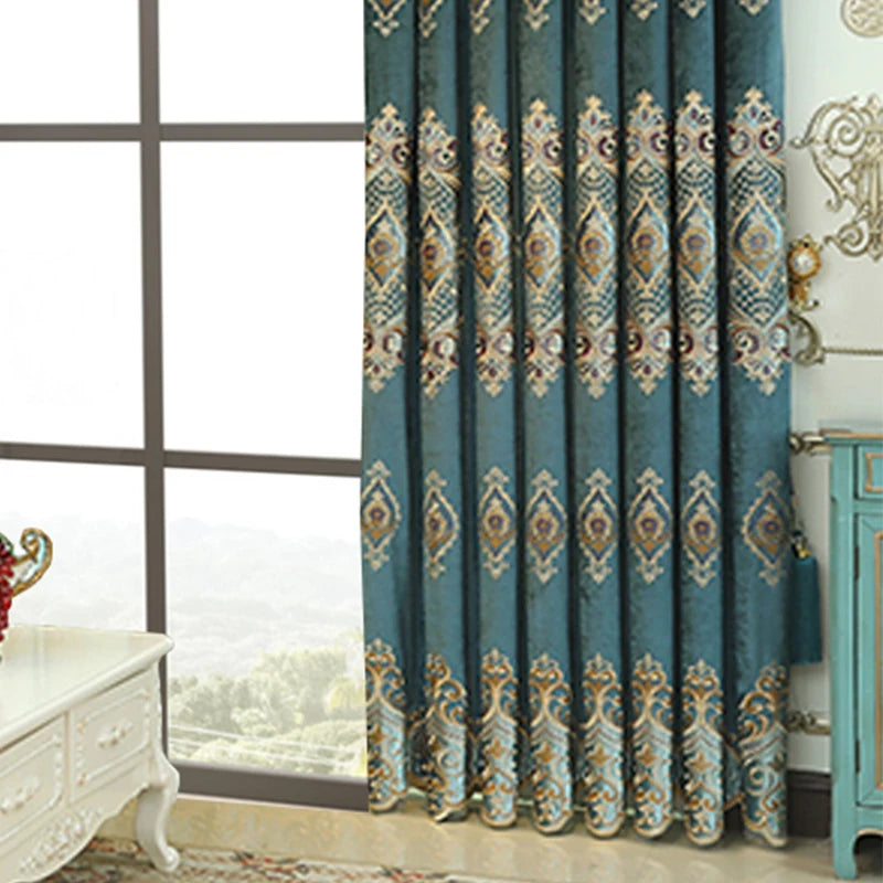2pcs Drawing-room embroidered chenille curtains, without valance