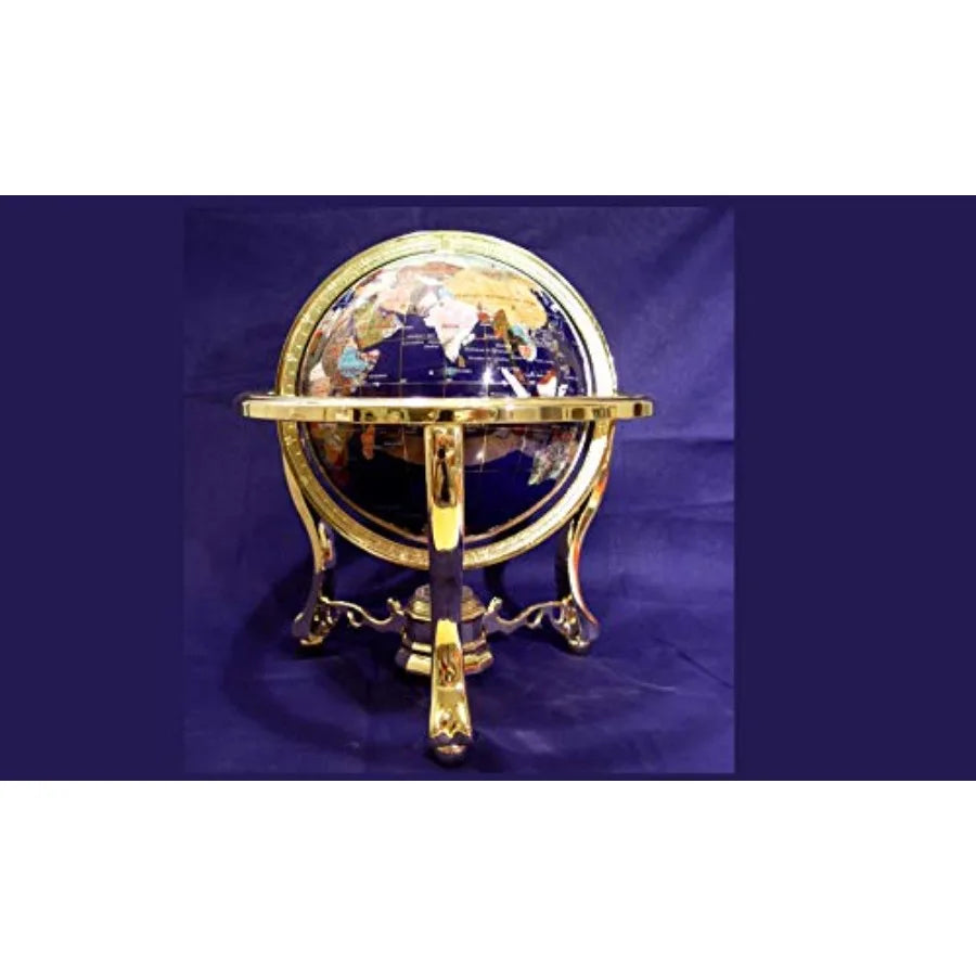 14 Tall Blue Lapis Ocean Gemstone Globe with Gold Tripod Stand for Home Office Decor Natural Stone Sphere with Metallic Base El