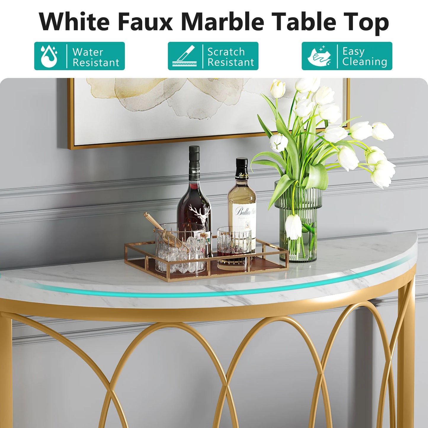 Tribesigns Half Moon Gold Console Table, 43" Modern Entryway Table, Narrow Semi Circle Sofa Table with Geometric Metal Frame