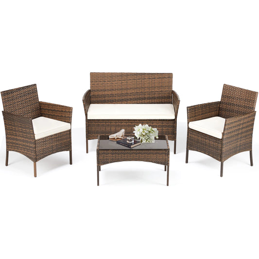 JHK 4 Piece Outdoor Patio Furniture Set with Soft Cushion and Glass Table Manual Weaving Wicker Rattan Patio Chairs For Garden