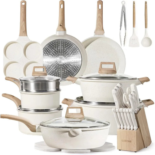 ICE 35pcs Pots and Pans Set Nonstick Cookware Sets White Granite Induction Cookware with Kitchen Knife Set