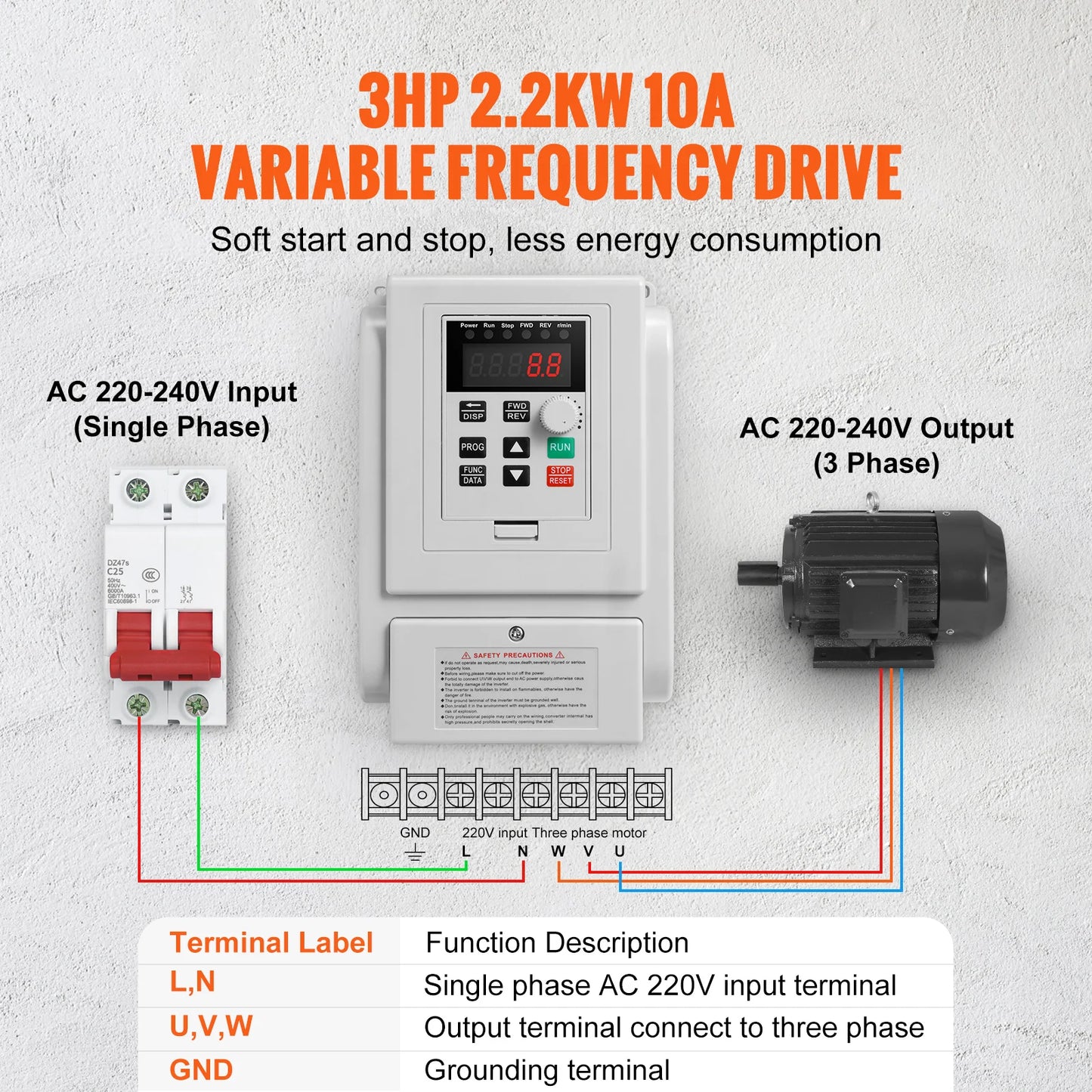 SucceBuy 2.2KW VFD Inverter Variable Frequency Drive Converter AC 220V 3P Output Speed Controller for Water Pump Motor CNC