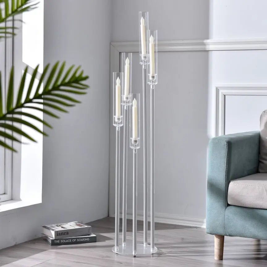 Acrylic 5-Arm Candelabra LED Taper Candle Holders Table Centerpieces Votive Candlesticks for Home Wedding Decoration