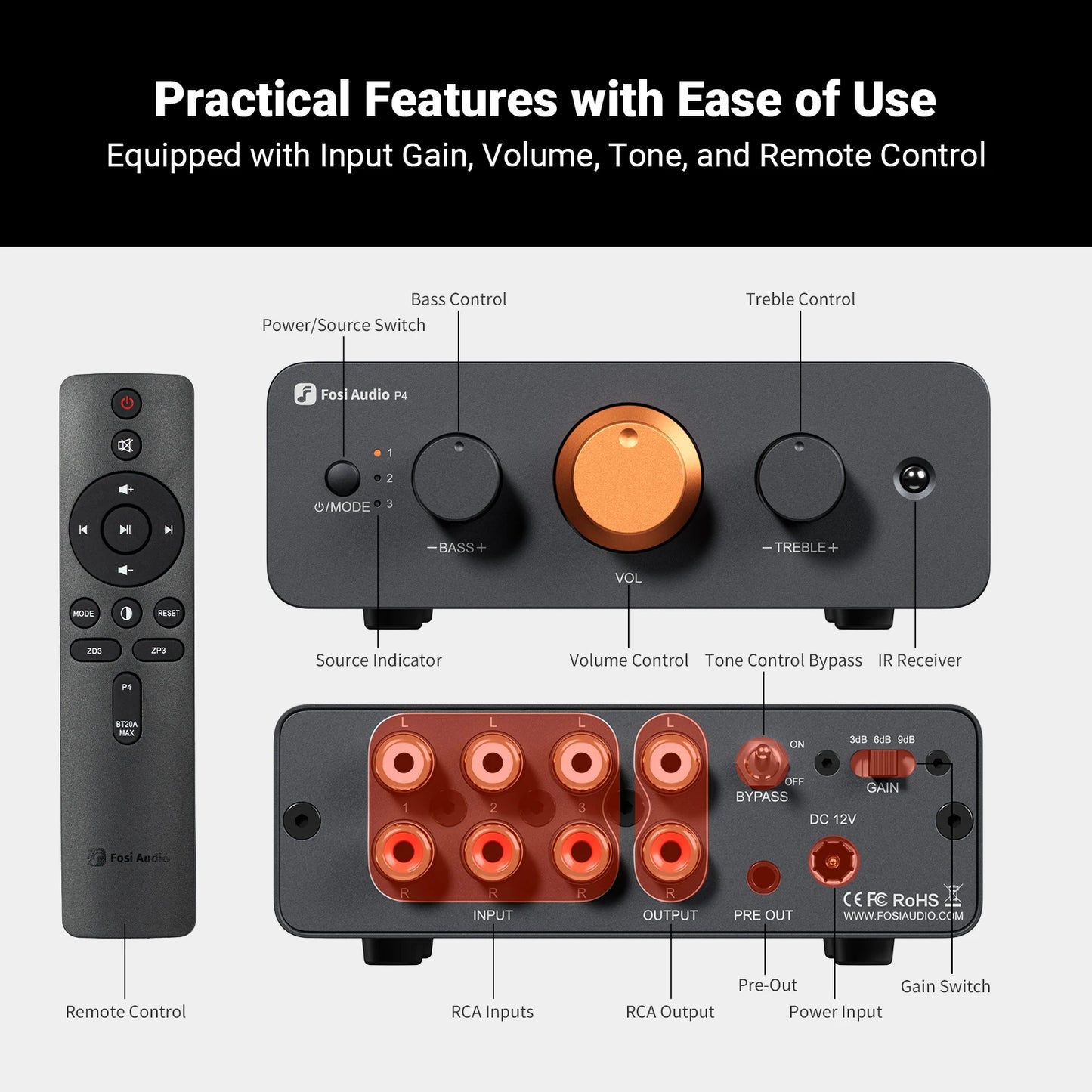 Fosi Audio P4 HiFi Preamplifier: 3 RCA Inputs, EQ/Bypass, Swappable Op-Amps, Treble & Bass Tone Control For Audiophile Systems