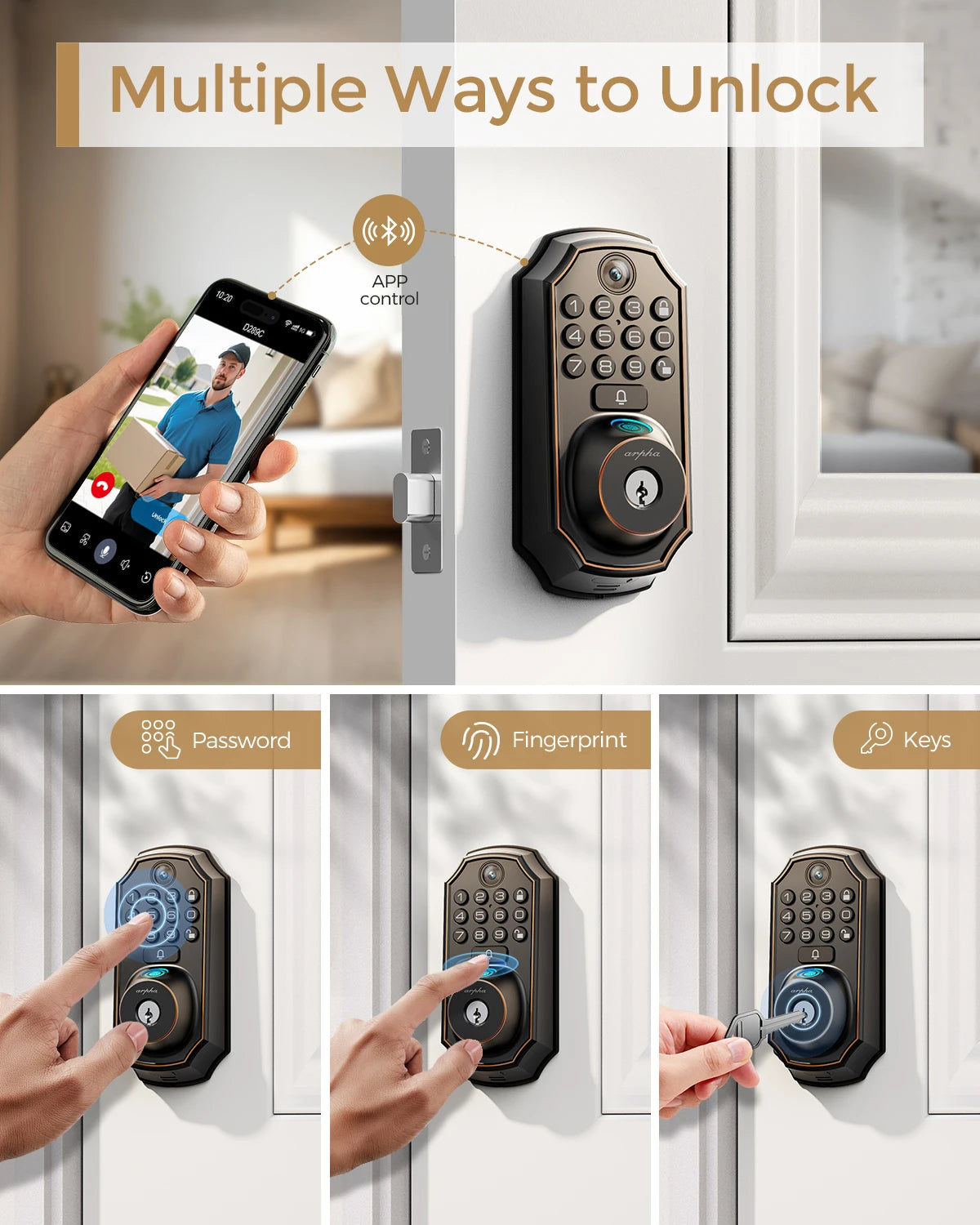 ARPHA Smart Lock D289L Set WiFi Video Smart Lock with Camera & Doorbell 5-in-1 Keyless Entry Fingerprint Door Lock Two-Way Audio