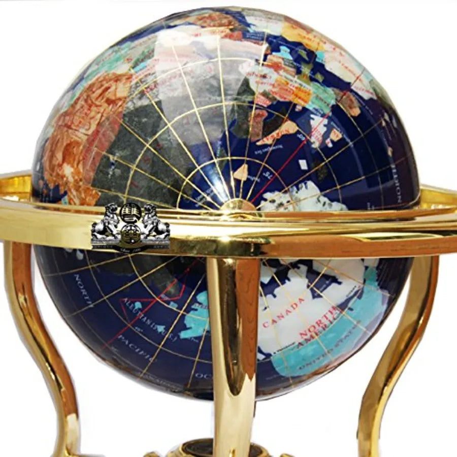 14 Tall Blue Lapis Ocean Gemstone Globe with Gold Tripod Stand for Home Office Decor Natural Stone Sphere with Metallic Base El